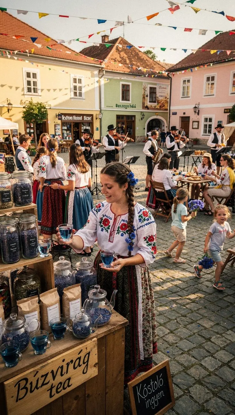 Kék búzavirág tea csészében, gyönyörű színű infúzióval.