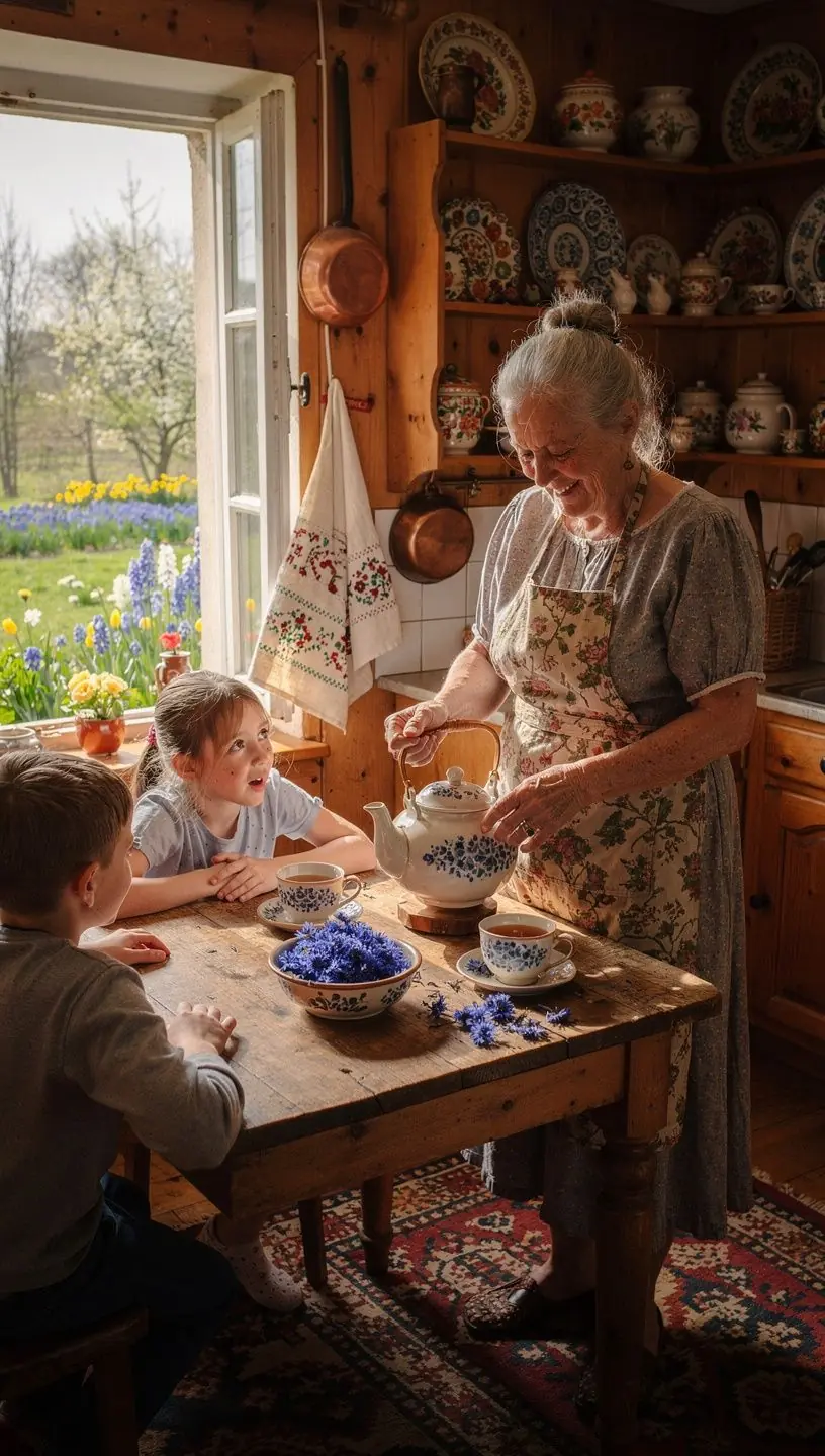 Kék búzavirág és egyéb virágok keveréke, természetes szépséggel.