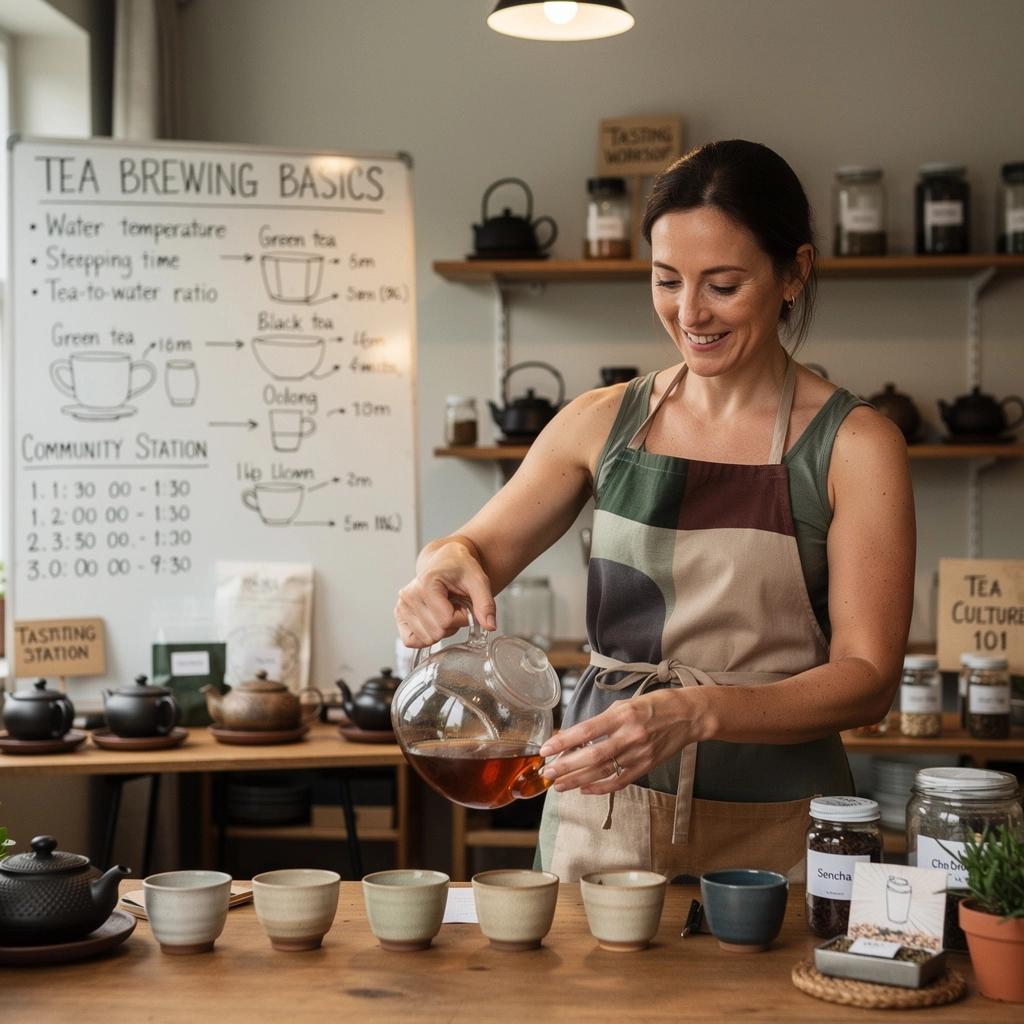 Egy bögre kék tea, gyümölcsök és virágok díszítésével.